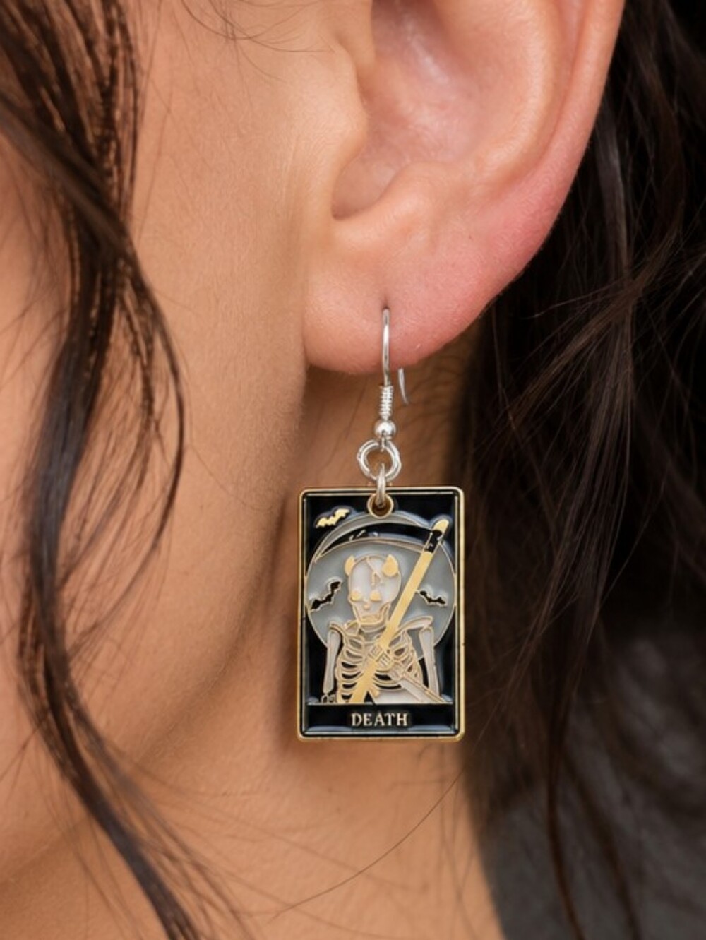 Handcrafted Death Tarot Card Metal And Enamel  Earrings